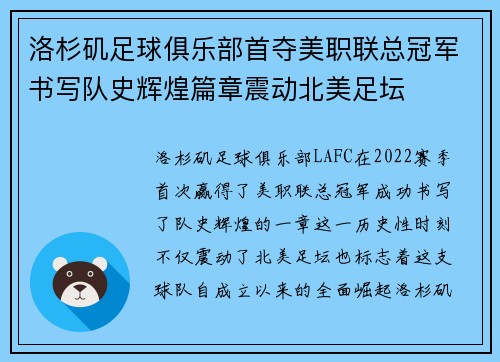 洛杉矶足球俱乐部首夺美职联总冠军书写队史辉煌篇章震动北美足坛 洛杉矶足球俱乐部首夺美职联总冠军书写队史辉煌篇章震动北美足坛
