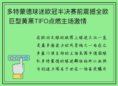 多特蒙德球迷欧冠半决赛前震撼全欧 巨型黄黑TIFO点燃主场激情 多特蒙德球迷欧冠半决赛前震撼全欧 巨型黄黑TIFO点燃主场激情